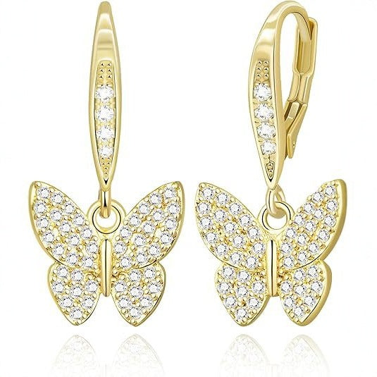 Wholesale Advanced feeling full diamond butterfly zircon jewelry necklace earrings plated with real gold, fashionable light luxury jewelry set