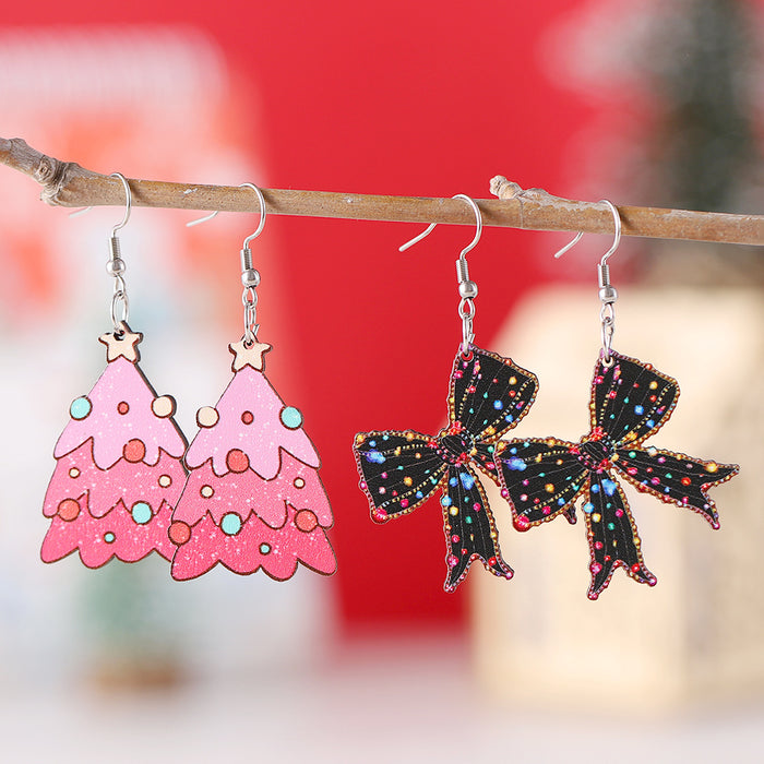 Wholesale Christmas Lantern Bow Pink Christmas Tree Pendant Earrings Wooden Double-sided Earrings Gift