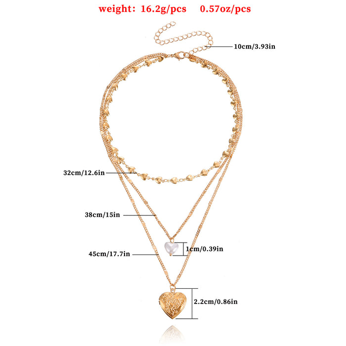 Wholesale Temperament multi-layer heart chain pearl openable heart pendant necklace for women