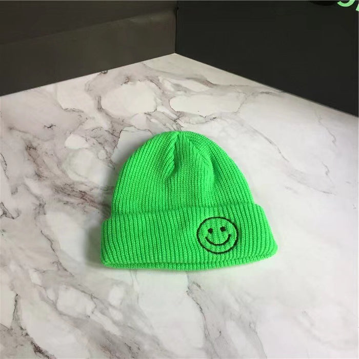 Wholesale Candy Color Embroidered Smiley Face Acrylic Knitted Beanie JDC-FH-Kamie003