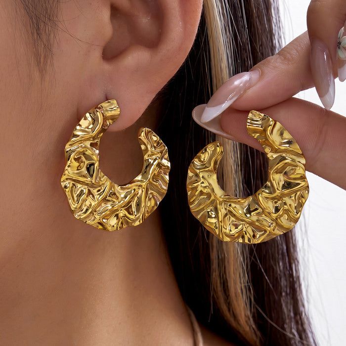 Wholesale Stainless Steel Irregular Geometric Earrings Vintage Lava Liquid Metal C-Shape Hoops
