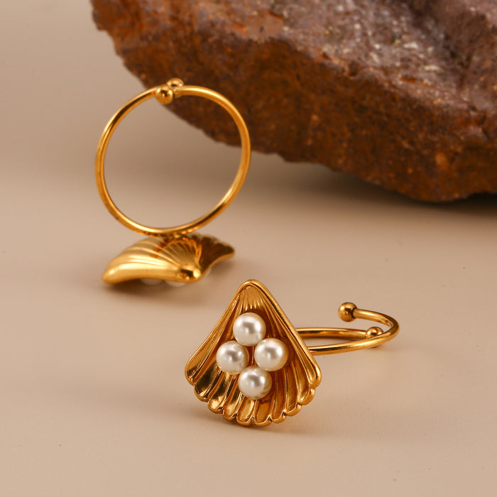 Wholesale Fashionable stainless steel pearl ring earring set with high-end temperament and shell earrings ring