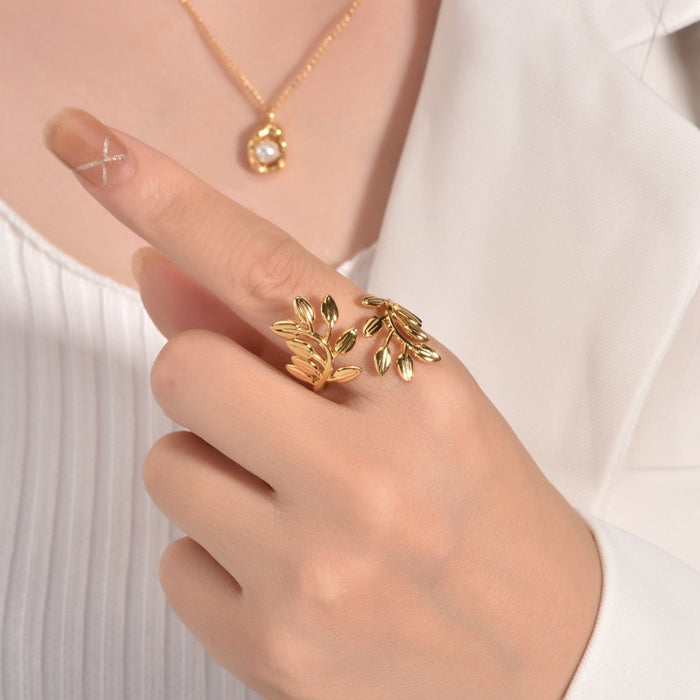Wholesale stainless steel open ring leaf shape can adjust the ring high sense jewelry