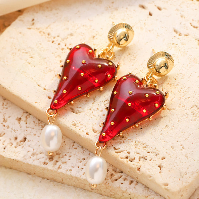 Wholesale Semi-transparent red tassel heart-shaped earrings