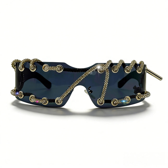 Wholesale Cyberpunk Rimless Rhinestone Sunglasses with Metal Rings and Rivets