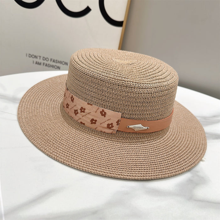 Wholesale Belt splicing sunshade straw hat casual flat top hat sunshade straw hat