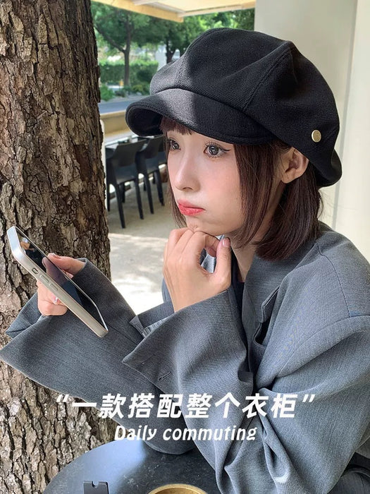 Wholesale Autumn and winter black beret women's big head circumference octagonal hat retro versatile