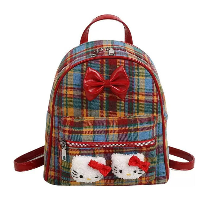 Wholesale Vintage Red Bow Plaid Cute Cat Backpack Bags