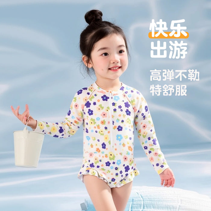 Wholesale New children's swimsuit with female fungus lace floral long sleeves to cover the belly, conservative one-piece swimsuit for girls and babies