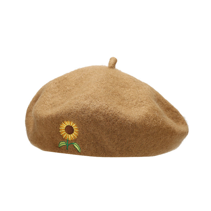 Wholesale Artistic and retro sunflower embroidered beret fashionhat