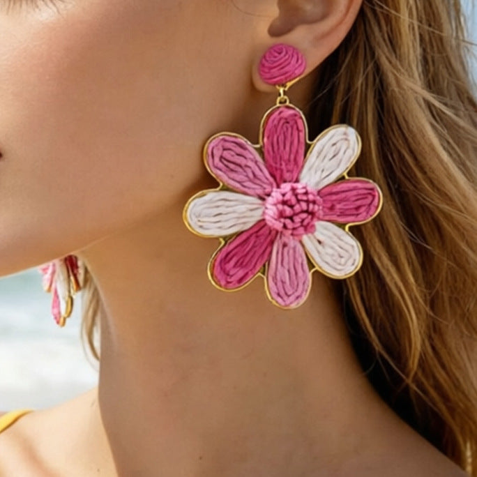 Wholesale Vacation Style Handmade Raffia Flower Earrings Red Jewelry Accessory MOQ≥5