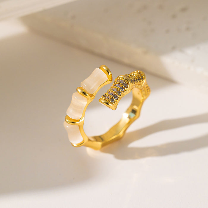 Wholesale Micro-Paved Zircon Cat's Eye Step-Up Bamboo Ring for Women