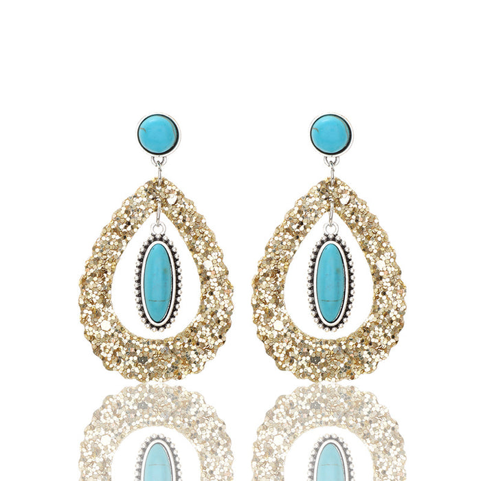 Wholesale Sequined Hollow Drop-shaped Natural Turquoise Leather Earrings JDC-ES-YiTian003