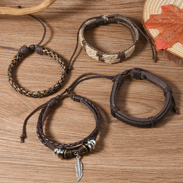 Wholesale New retro minimalist style feather alloy multi-layer leather pull-out 4-piece men's bracelet set