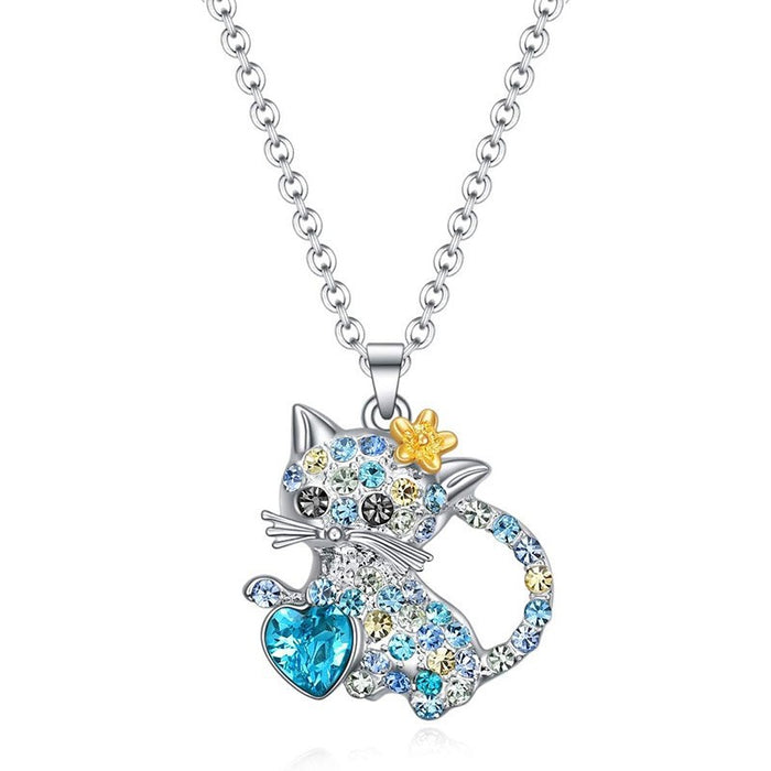Wholesale Cute colorful cat rhinestone pendant choker necklace