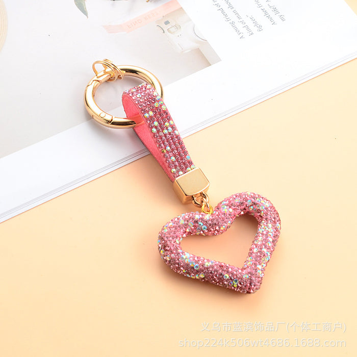 Wholesale Full rhinestone heart keychain with diamond cord hollow heart car pendant