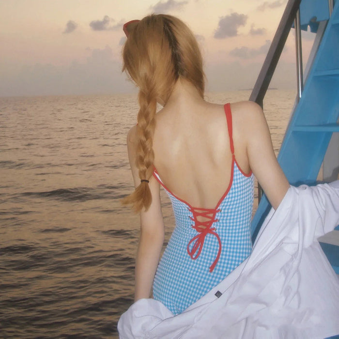 Wholesale Cute plaid sexy backless minimalist one-piece swimsuit