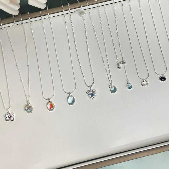 Wholesale Pure silver gemstone versatile necklace, geometric ellipse, high-end niche collarbone chain