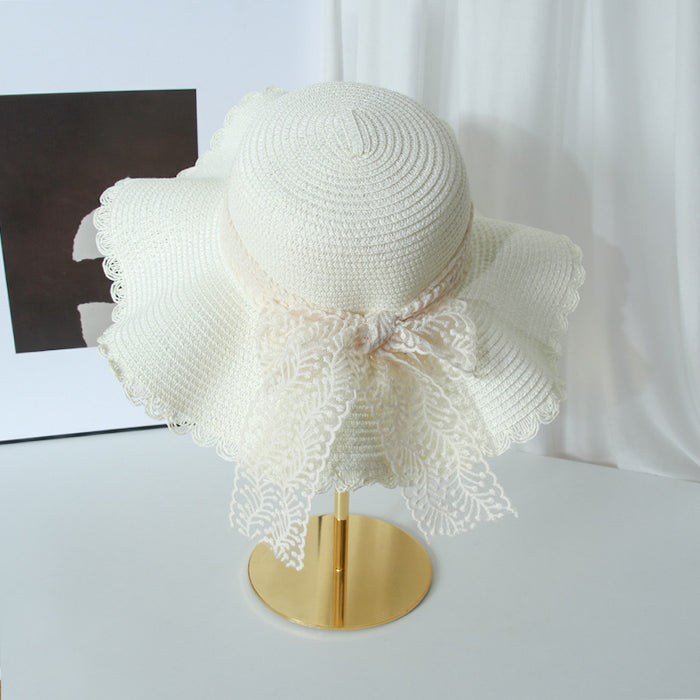 Wholesale Lace bow big brim straw hat breathable sun shading hat fisherman hat