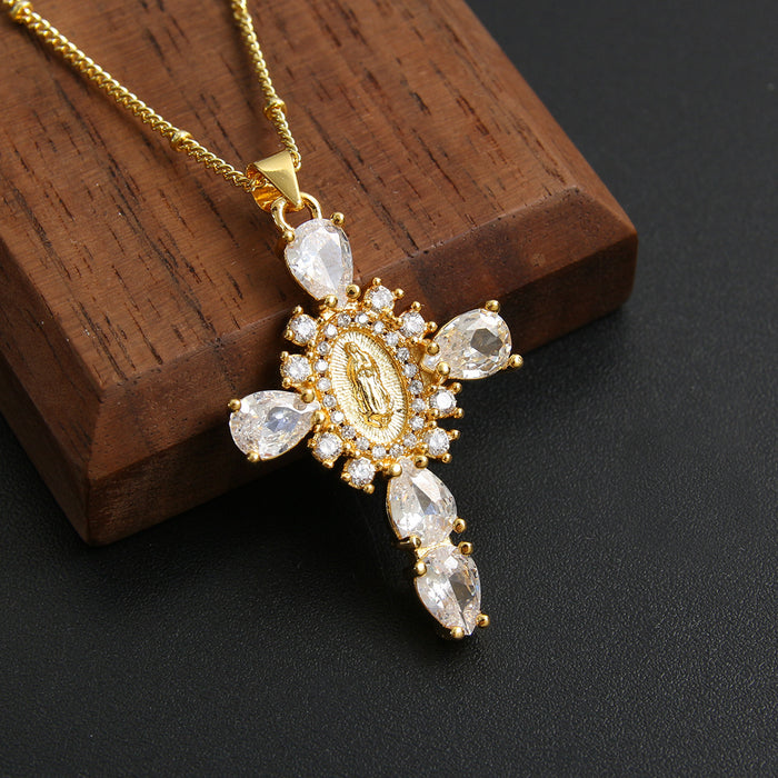 Wholesale Copper Gold Plated Micro-Inlaid Zircon Our Lady Cross Pendant Necklace JDC-NE-BaiTian007