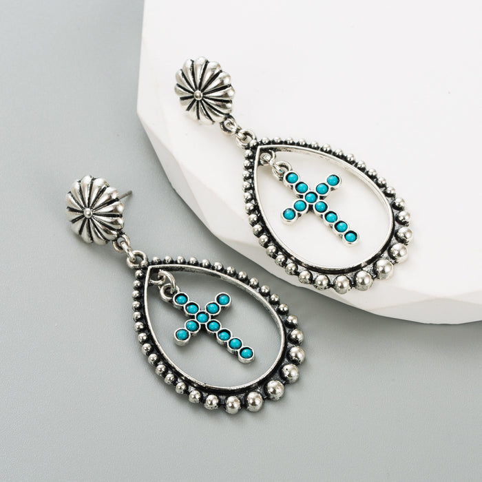 Wholesale Openwork heart and cross turquoise statement earrings
