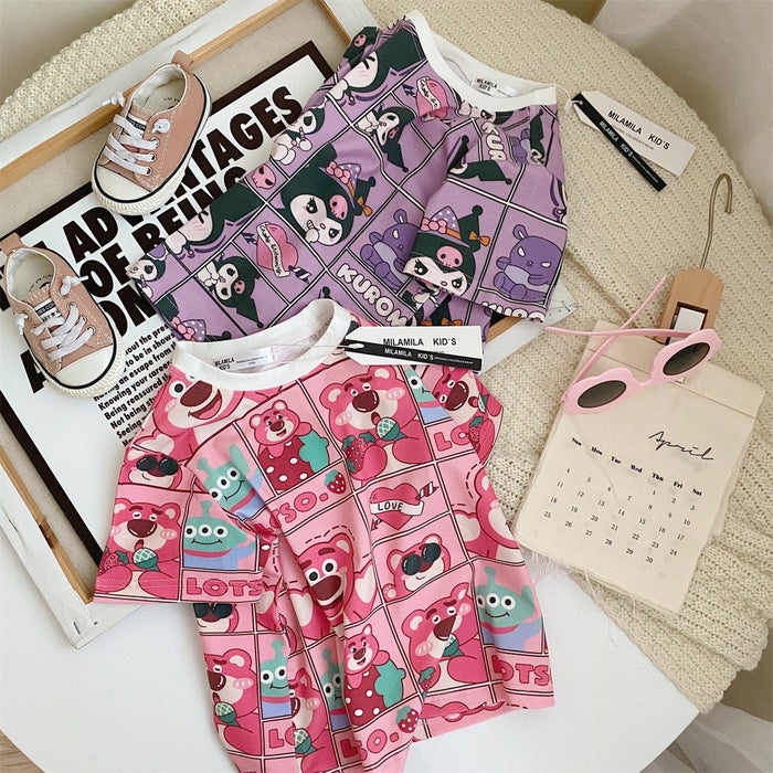 Wholesale Girls' summer short-sleeved cartoon full printed top cute loose all-match children's T-shirt