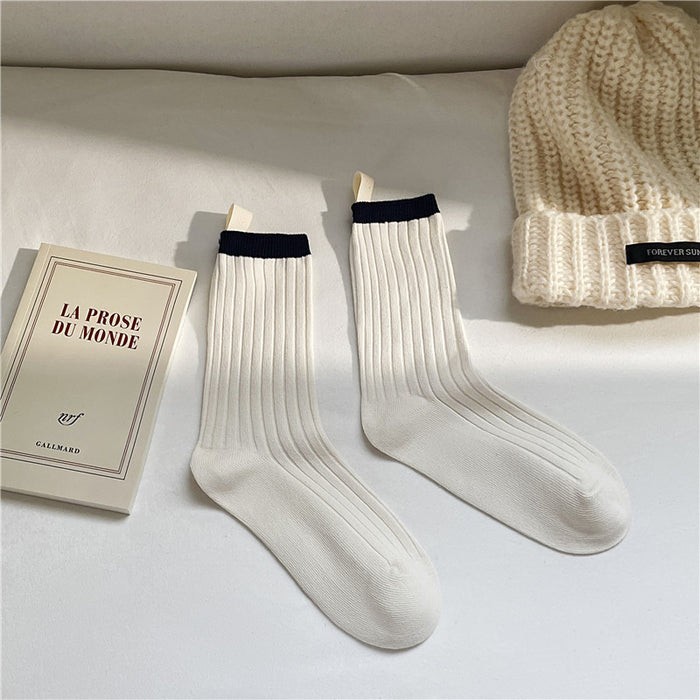 Wholesale Color blocking fabric standard socks, college style versatile pile socks, trendy cotton socks