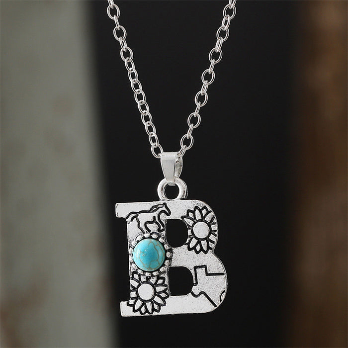Wholesale 2pcs Retro 26 English Letter Turquoise Necklace