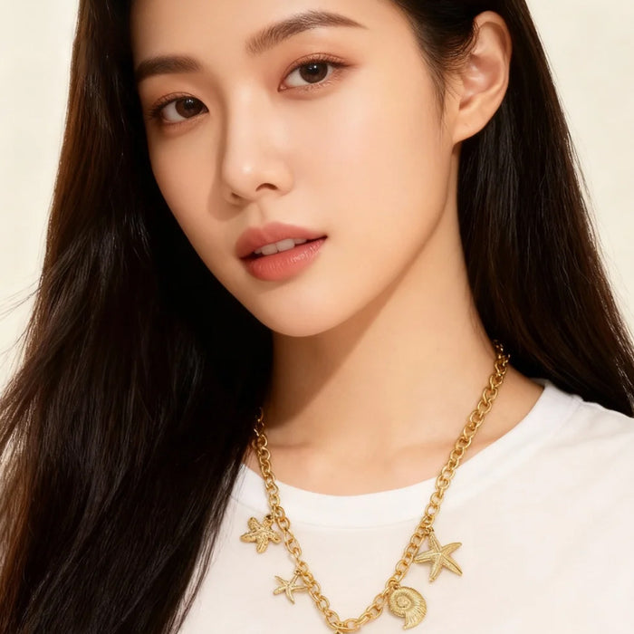 Wholesale Titanium Steel Ocean Starfish Shell Conch Necklace