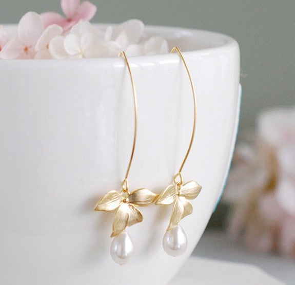 Wholesale New Fashion Style Bow Leaves Water Drop Pearl Earrings Simple Art Jewelry