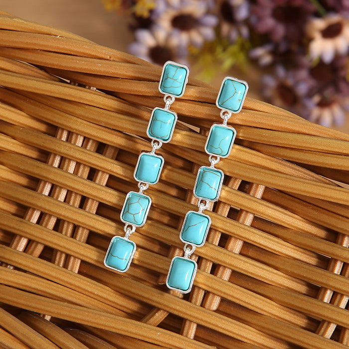 Wholesale Retro Square Turquoise Inlay Earrings Blue Long Tassel Alloy Fashion Jewelry