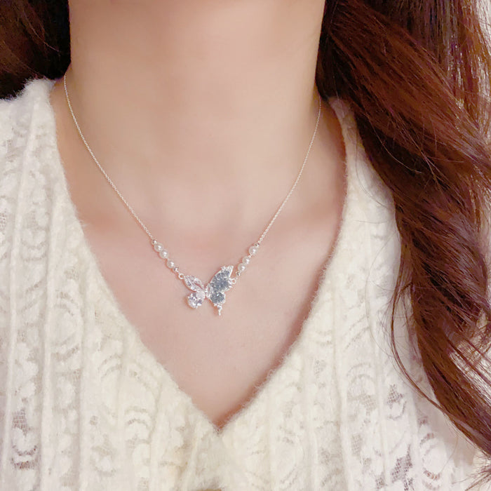 Wholesale Blue Crystal Butterfly Pearl Necklace Thick Gold Plated Copper Fashion Jewelry Accessory