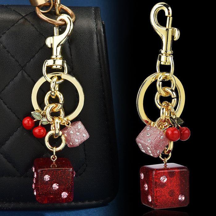 Wholesale dice bag hanging vintage cherry keychain pendant bag hanging dice glitter pink