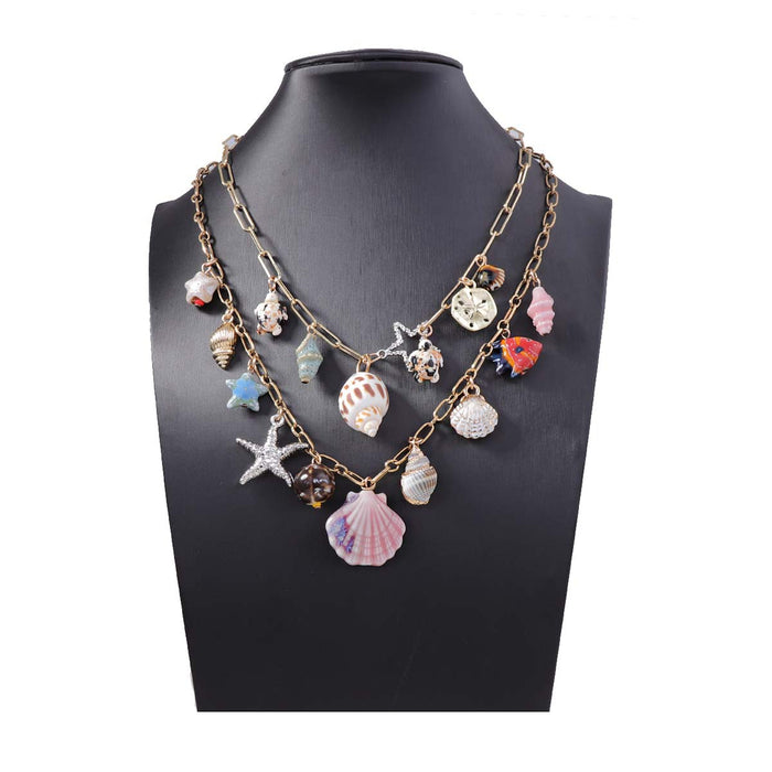 Wholesale Bohemian Fashion Double Layer Stacked Alloy Glass Shell Metal Necklace