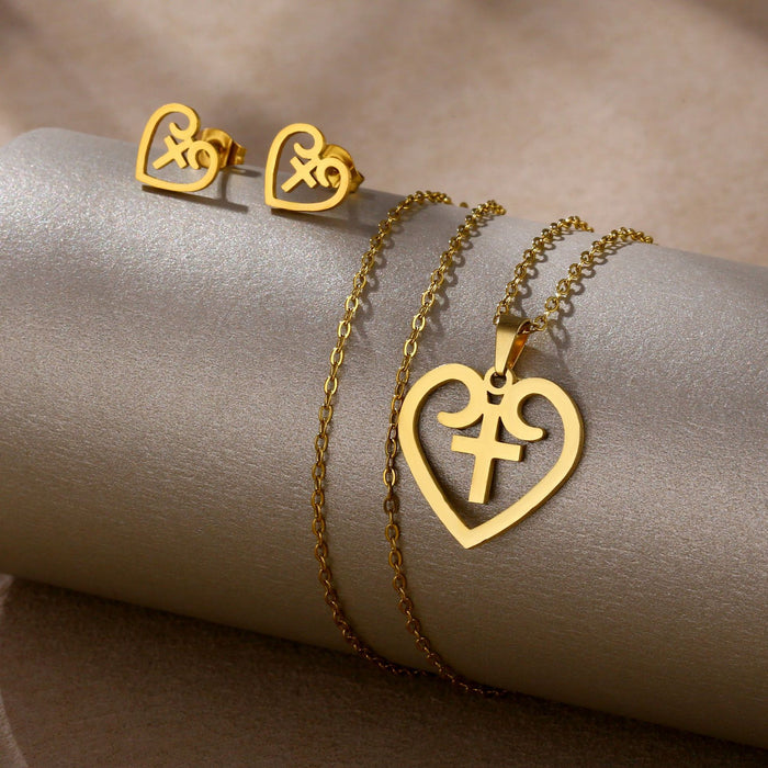 Wholesale Amazon's new stainless steel hollow heart cross necklace earring set smooth jewelry wholesale