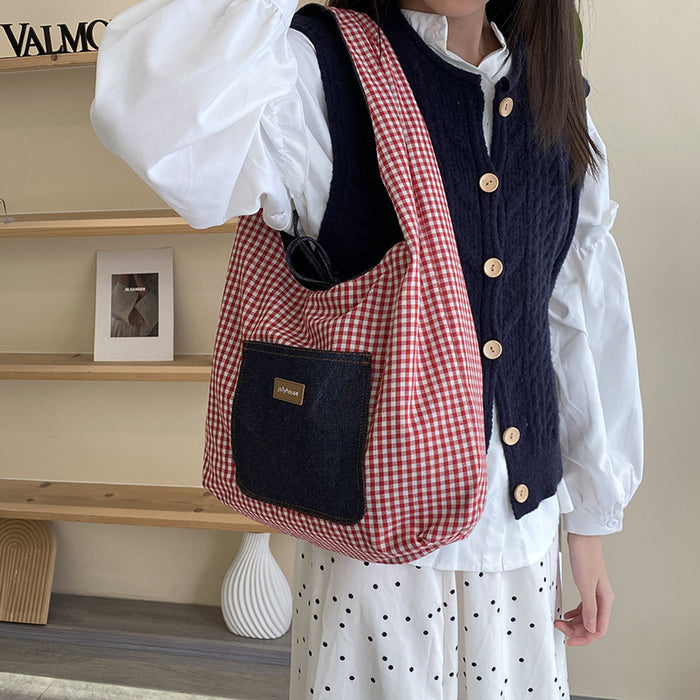 Wholesale Cowboy plaid double-sided shoulder bag, versatile class backpack, casual commuting tote bag