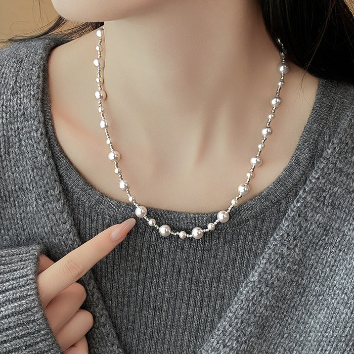 Wholesale Rose colored pearl bead necklace, atmospheric sweater chain, retro temperament, sliding buckle, adjustable collarbone chain