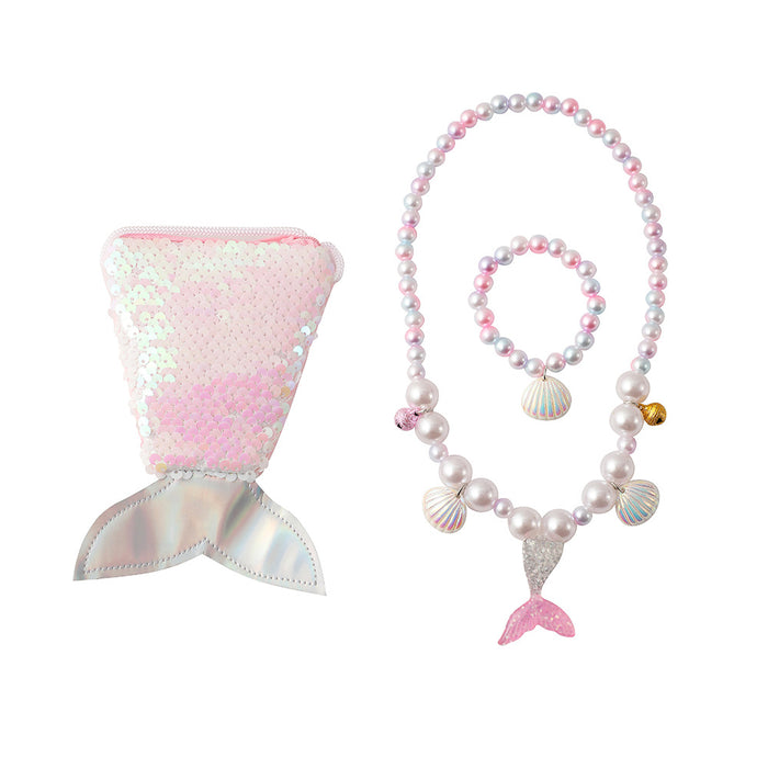 Wholesale Children' s new synthetic pearl jewelry set cute cartoon mermaid tail beaded necklace bracelet earring set