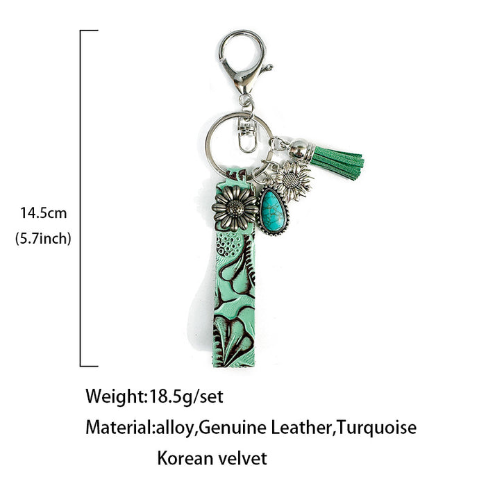Wholesale Genuine Leather Western Cowboy Retro Keychain Turquoise Pendant Decorative