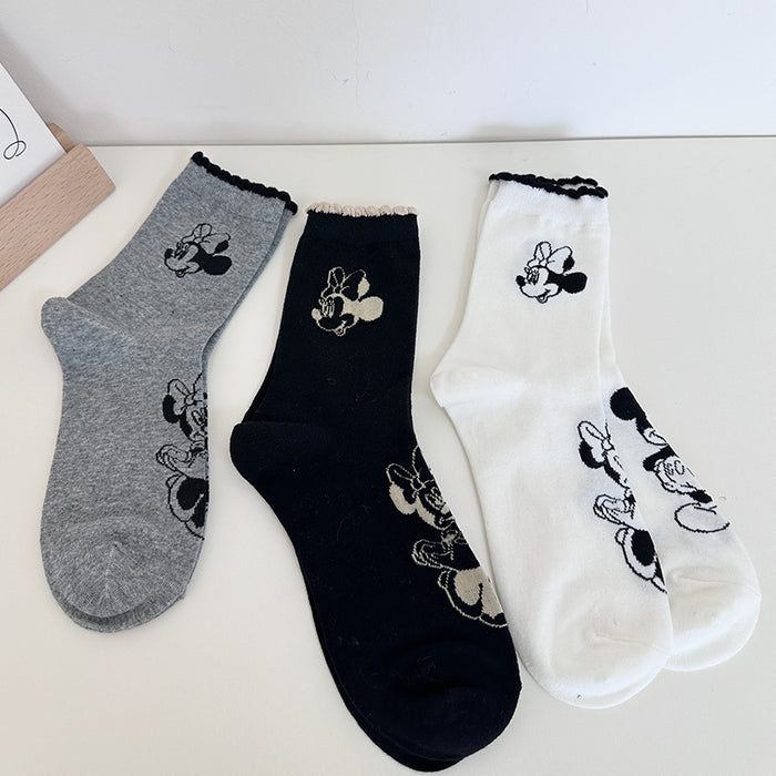 Wholesale Pure Cotton Black Mickey Socks Women's Mid-tube Socks Spring and Autumn All-match Cute Cartoon Ins Fashionable Socks