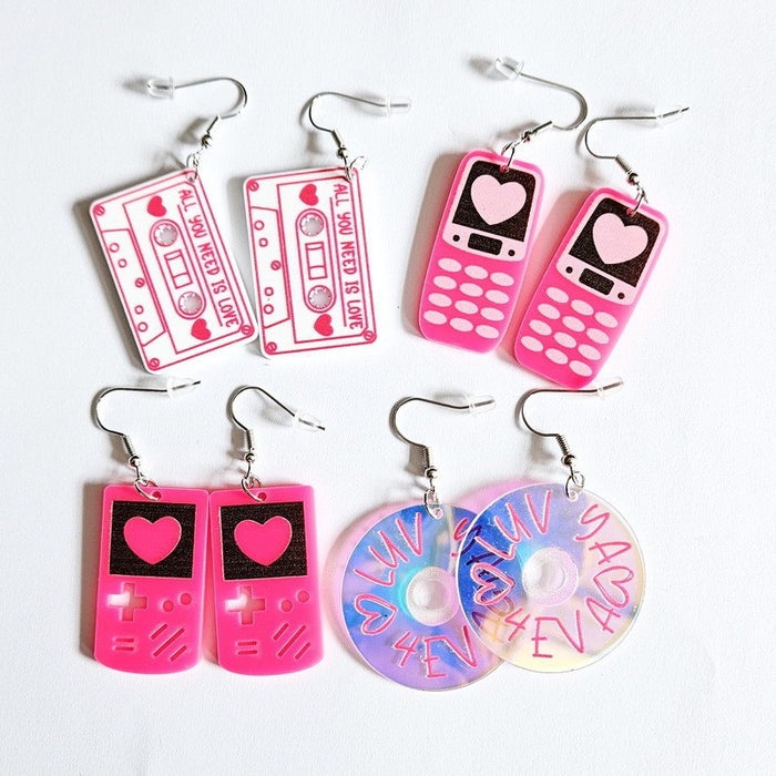 Wholesale Acrylic Mobile Phone Pink Lover Retro Love Game Machine Tape Record Mobile Phone Earrings JDC-ES-WenT030