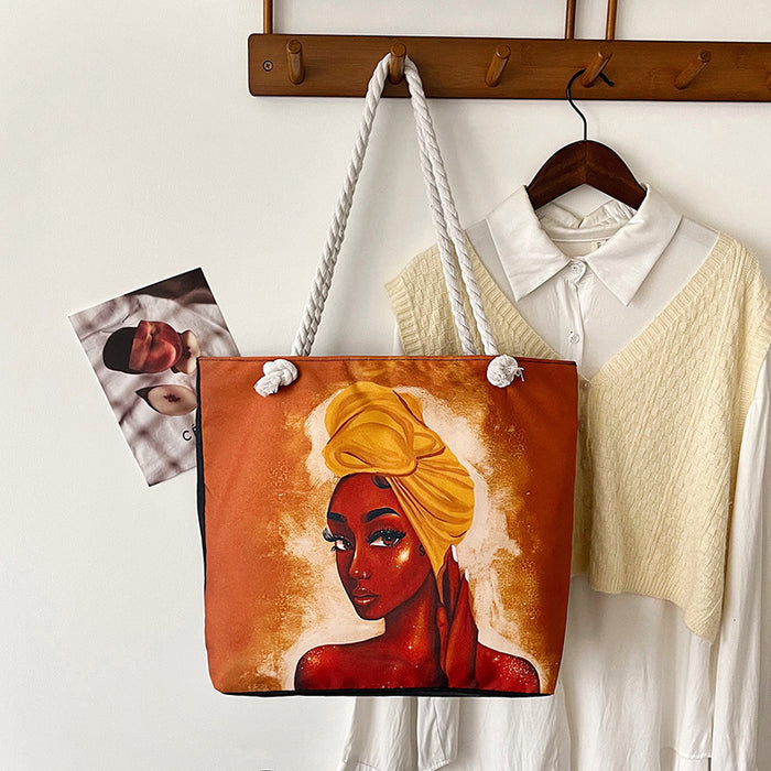 Wholesale Outdoor practical versatile retro canvas bag cartoon print portable beach bag large capacity