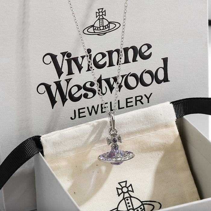 Wholesale Super sparkly Saturn gradient full diamond 3D stainless steel necklace