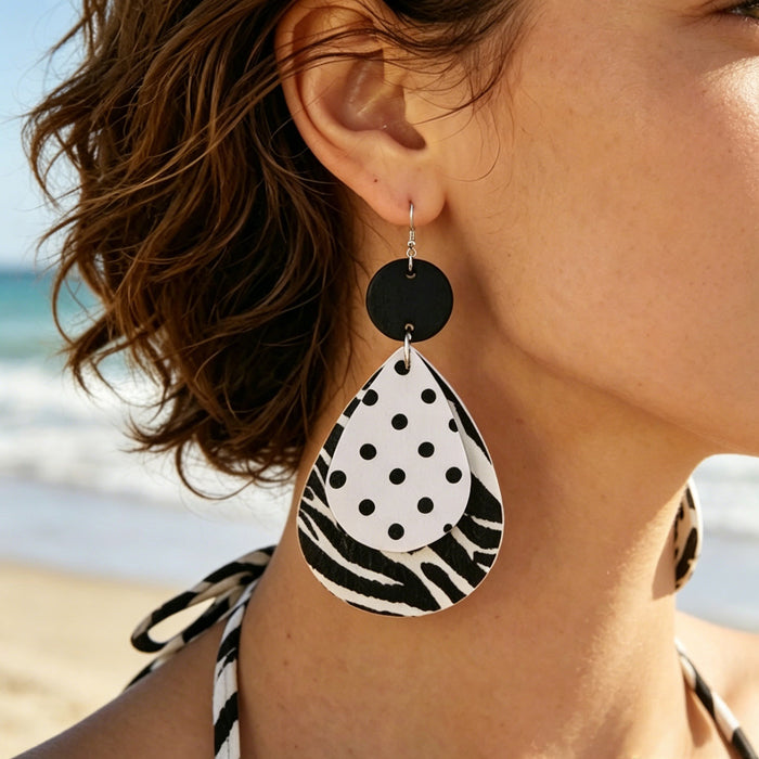 Wholesale Retro Zebra Drop Earrings Double Layer Leather Jewelry Accessory