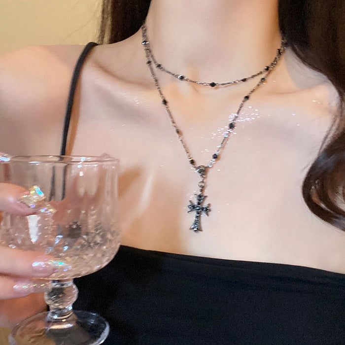 Wholesale Zircon cross bead necklace long double layered layered layered neck chain versatile collarbone chain