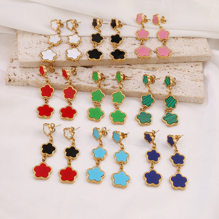 Wholesale Stainless Steel Five-Leaf Clover Earrings Niche Versatile Tassel Ear Studs,  Earrings,  Ear Accessories