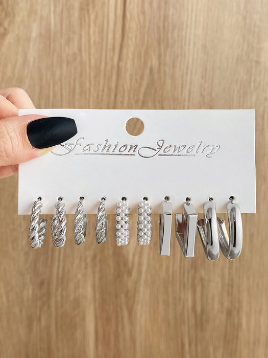 Wholesale 6-piece geometric pearl and diamond statement earring set