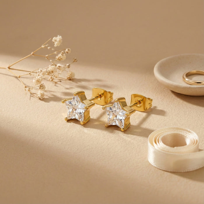 Wholesale Titanium steel Star Zircon Stud Earrings — Gold-Tone Five-Pointed Star Earrings with Diamond Accents