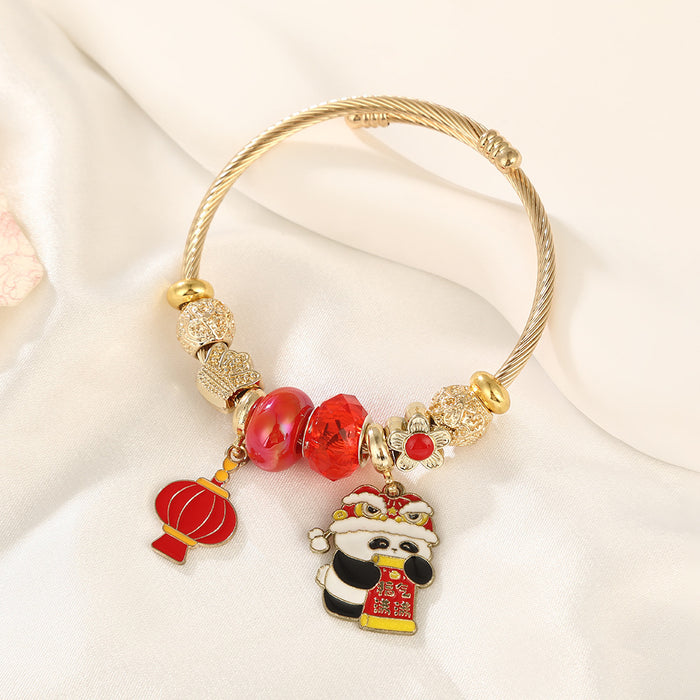 Wholesale Stainless Steel Cartoon Panda Bracelet with Red Lantern Pendant MOQ≥2