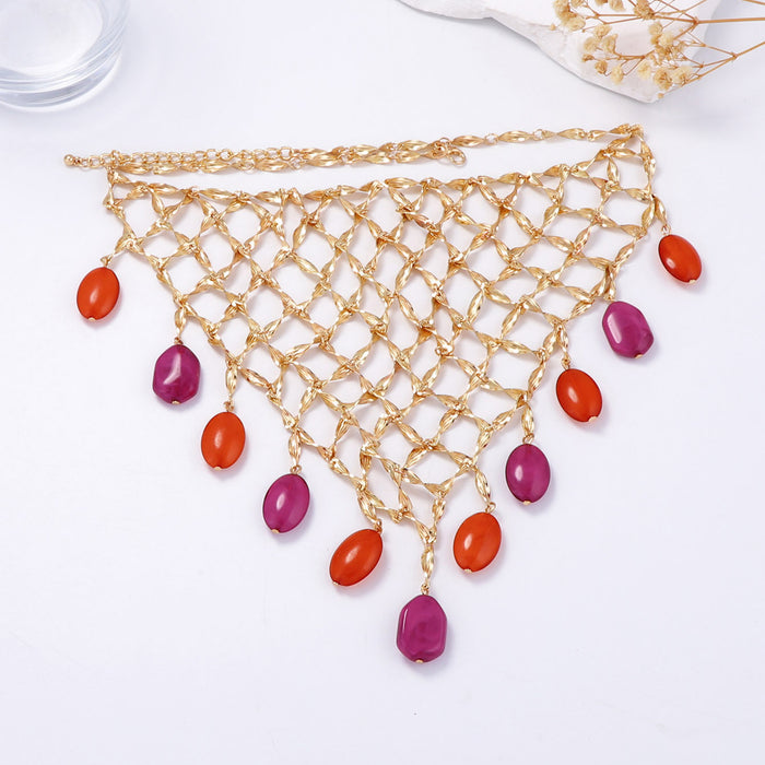 Wholesale Beaded Metal Mesh Pendant Necklace Versatile and Casual